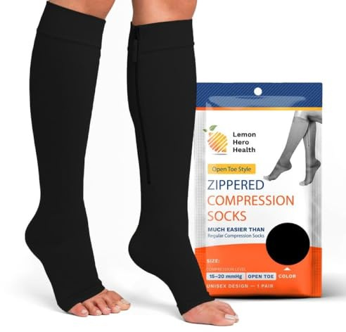Lemon Hero Uomo con zip compressione calze con punta aperta Nero Grande