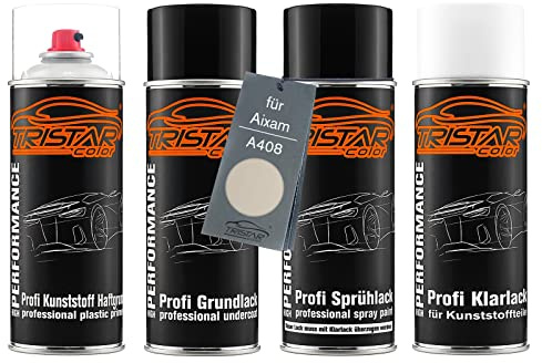TRISTARcolor Autolack Spray Set Kunststoff für Aixam A408 Blanc Nacre | Sprühdosen-Set für Stoßstange/Plastik, Kunststoff-Haftgrund + Grundlack + Basislack + Klarlack
