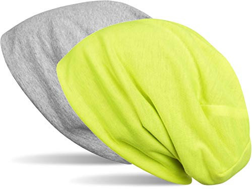 styleBREAKER Beanie Wendemütze in Unifarben, Slouch Mütze, leicht und weich, Longbeanie, Unisex 04024115, Farbe:Grau meliert/Neongelb