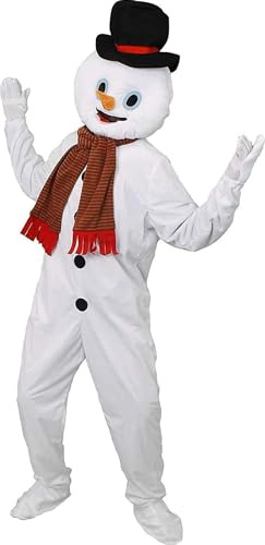 Adults Mascot Fancy Dress Costume - Deluxe Christmas Snowman Fancy Dress - Mascot Suit With Attached Hand/Shoe Covers + Head With Attached Carrot Nose And Hat + Striped Scarf (One Size)
