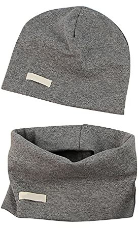 LACOFIA Baby Jungen Mädchen Beanie Mütze und Loop Schal Set Kinder Weiche 100% Baumwolle Strickmützen Kleinkind Hut und Kragen Schals Dunkelgrau 3-7 Jahre