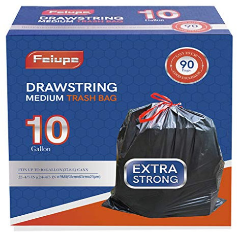 Feiupe Lot de 90 sacs poubelle avec cordon de serrage, 0,9 mil, noir, 37 litres