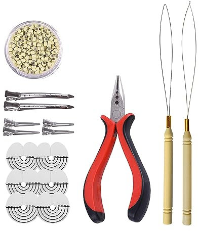 Hair Extensions Tools Kit: 3 holes Hair Pliers, Pulling Needle Loop Threader and 500 Pieces 3.0mm Silicone Lined Nano Beads Rings (Blonde)