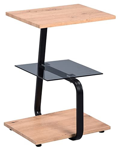 Möbel Jack Beistelltisch - Artisan Eiche Dekor - Schwarz - Grauglas - Metallgestell - 40 x 39 cm