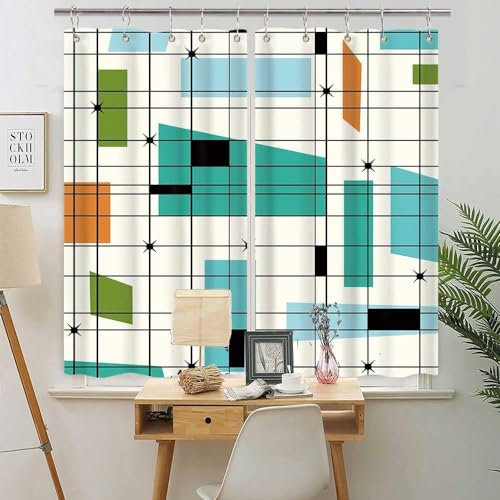 Mid Century Kitchen Curtains, Teal Mid Retro Grid Starbursts Orange Century Modern Retro 1950S 1960S MCM Window Curtain Panel, Retro Modern Window Curtain Panels Sets with Hooks (42X63)
