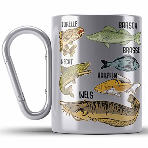 Trendation - Angler Fischer Edelstahl Tasse Karabiner Mit Fischarten Geschenk Raubfische Hobbyangler Hecht Forelle Barsch Angeln (Silber)