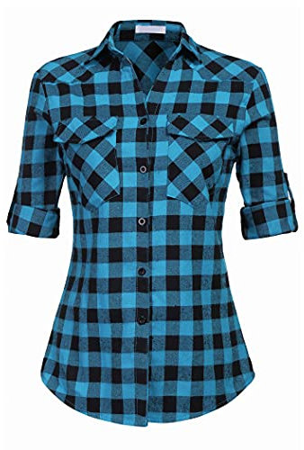 UNibelle Chemise à Carreaux Manches Longues Femme - Chemisier Traditionnel Oktoberfest - Veste en Coton - Col en V - Bleu