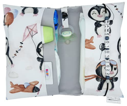Große Windeltasche XXL mit Name Wickeltasche Tiere Pinguine mit Luftballon und Flugzeug