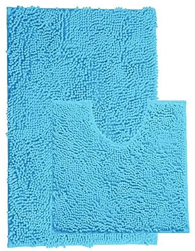 Brillars Non Slip Loop Bath Mat Set Turquoise (2 Piece) Memory Foam Rug Indoor Water Door Mats | Plush Microfiber Toilet Mat Thick Rubber Luxury Chenille - Washable Shower Carpet