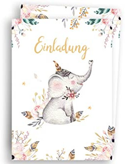 Friendly Fox Elefant Einladung boho, 12 Einladungskarten Kindergeburtstag Elefant, DIN A6 Geburtstagseinladung mit Umschlag