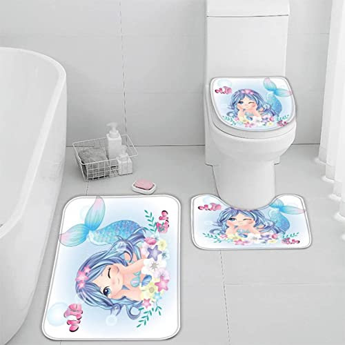Badematte Set 3 Teilig 40x60 Meerjungfrau Karikatur Badematten 3D rutschfest Waschbar Badvorleger WC Vorleger Deckelbezug U-Förmige Badteppich Badezimmer Prinzessin Süß Badezimmerdekoratio