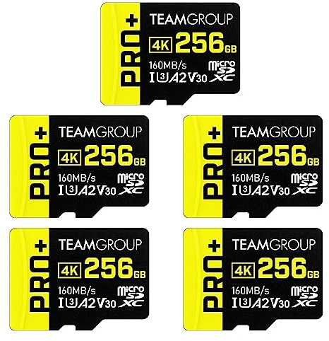 TEAMGROUP A2 Pro Plus Card 256GB x 5 PACK Micro SDXC UHS-I U3 A2 V30, R/W up to 160/110 MB/s for Nintendo-Switch, Gaming Devices, Tablets, Smartphones, 4K Shooting, with Adapter TPPMSDX256GIA2V3063