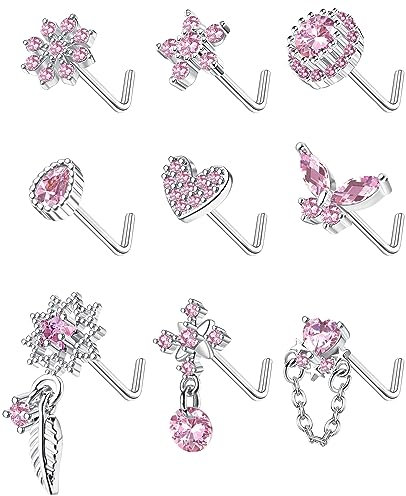 Kakonia 9 Pièces Piercing Nez 20G en Acier Inoxydable Anneaux de Nez en forme de L pour Femmes Mignon Papillon Pendu Fleur de Plume D’étoile Rose CZ Nostril Piercing Bijoux