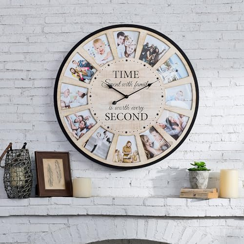 UPPER DECOR 12 Picture Frames Collage Wall Clock, Vintage Rustic Family Photo Clock, Large Farmhouse Wall Clocks for Living Room, Home, Kitchen, Silent Battery Operated 24 Inch Natural