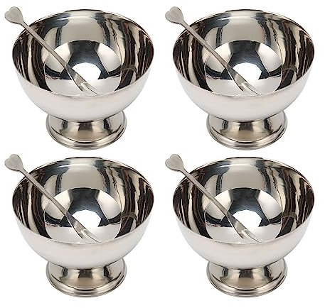 4 Stück Eisbecher, 10cm Runde Edelstahl Dessertschale Silber Eisschalen mit Gabel und Fuß für Dessert Eisbecher Salat Snack Gewürz Obst Süßigkeiten