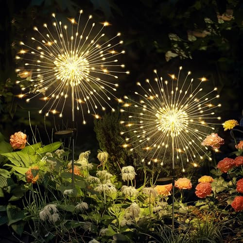 GIGALUMI Solarleuchten für Außen,2 Stück 120 LED Pusteblume Solarlampen, Feuerwerk Solarleuchten Wetterfestfür Außen Garten Balkon Terrasse Blumenkästen Hof Deko