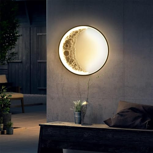 Aussen Wandleuchte Mond LED Außenwandleuchte Dimmbar Innen Wandlampe mit Fernbedienung IP65 Wasserdicht Außen Lampe Mond Wandbeleuchtung für Garten Flur Terrassen Schlafzimmer Wohnzimmer,60cm