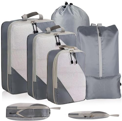 Packing Cubes for Suitcase,Qianyou 6pcs/set Large Travel Bags Organiser,Travel Packing Cubes,Waterproof Luggage Organiser Bags,Einstellbare Reise Aufbewahrungstasche Set von 6 Stück (Grey)