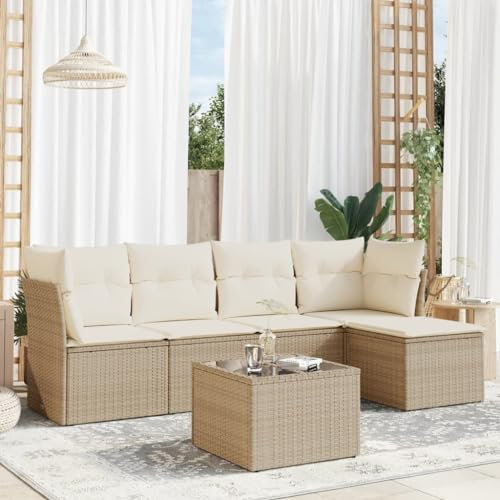 ULUYYUC 6-TLG. Garten-Sofagarnitur, Polsterbank Gartenbank Gästebett Eckbank Geeignet für Garten Außenbereich Hinterhof Balkon mit Kissen Beige Poly Rattan