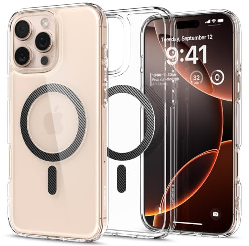 Spigen Ultra Hybrid MagFit Case for iPhone 16 Pro, Compatible with MagSafe Accessories [Anti-Yellowing] [Military-Grade Drop Protection] - Clear Carbon Fiber