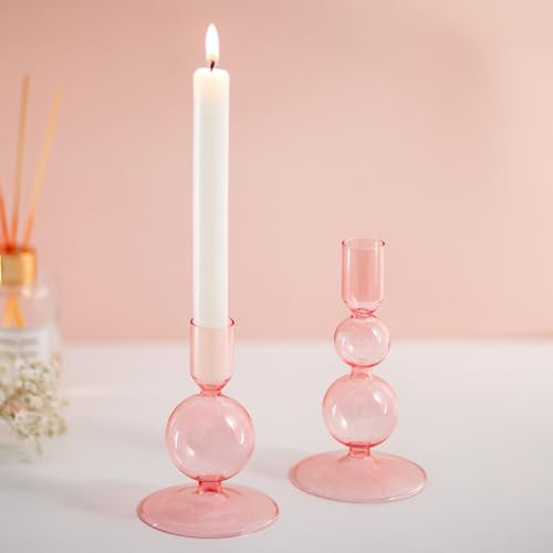 Glasseam Portavelas De Cristal Rosa: Set De 2 Portavelas Taper Candelabros De Colores Portavelas Burbuja para SalóN Portavelas para DecoracióN del Hogar DecoracióN De Mesas De Fiesta