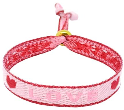 Selfmade Jewelry - Statement Festival Armband Stoff Armband Damen Stoffarmbänder in Pink für Festival Outfit Damen (LOVE SISTER (Rosa-Rot)