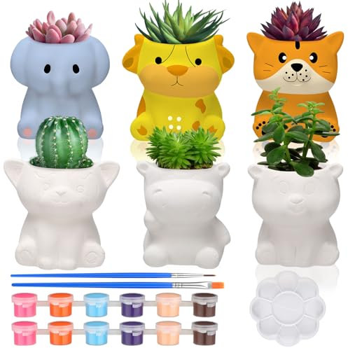 Beeveer 6 Sets Spring DIY Ceramic Succulent Pots Paint Your Own Animal Succulent Planters Ready to Paint Plant Pots Unpainted Flower Pots Bulk with Drainage Hole Ceramics Paint for Adults