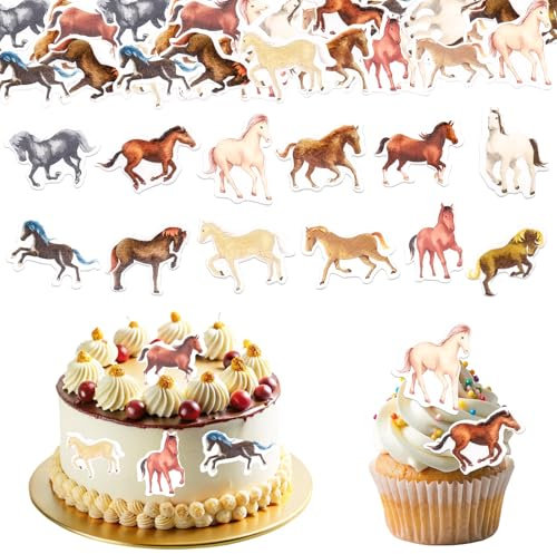 GoldRock Essbare Tortendeko Pferd, 48 Stk Esspapier Muffin Deko, Geburtstagsdeko, Tortenaufleger, Kuchen Deko für Mädchen Jungen, Pferde Deko Geburtstag