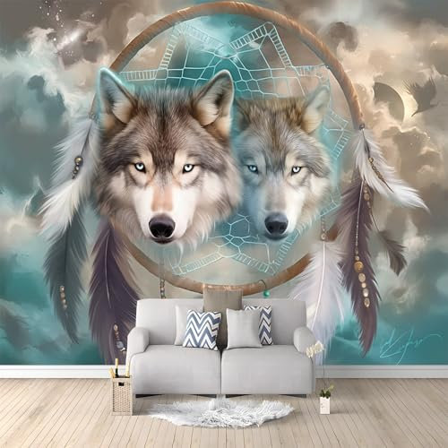 Papier Peint intissé Attrape-Rêves Animal Loup 200x140 cm Papier Peint Photo Panoramique, Poster Geant Mural Personnalisé 3D, pour Salon Cuisines Chambre Adulte Enfant Décor Murale