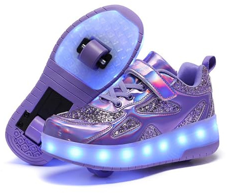 CFGYHN Kinder Schuhe mit Rollen für Jungen Mädchen 2-in-1 Rollschuhe Versenkbarer Doppelt Rollen Funkelnde Pailletten Outdoor Sportschuhe Roller Schuhe Turnschuhe Skateboardschuhe