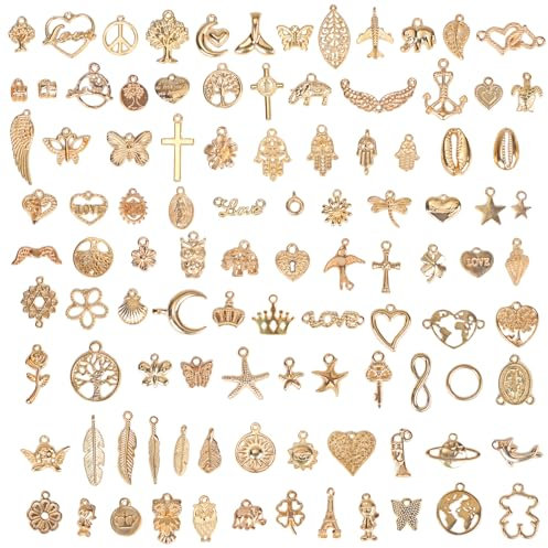 Tikplus 100 Stück Charms Anhänger, Gold Ketten Anhänger zum Schmuck Basteln, Gemischte Anhänger Kette und Vintage Aesthetic Armband Anhänger, Armbänd Ketten Ohrringe Halskette