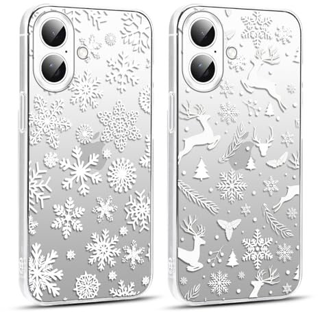 Foonary 2 Stück Weihnachten Transparent Handyhülle für Apple iPhone 16 6,1 Hülle, Aesthetic Weihnachts Schnee Muster Motiv Design Case, Silikon Christmas Schutzhülle Clear Cover für iPhone 16