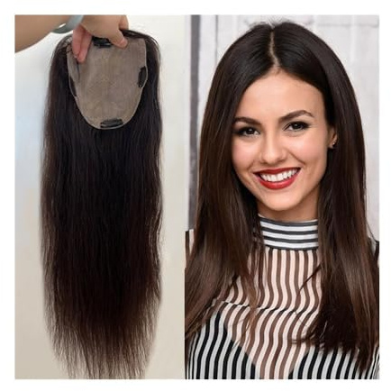 Natural Looking Hairpiece for Women, Human Hair Topper with Baby Hair, 6x6 Silky Straight Silk Base Hair Topper 8-22 Darkest Brown European Virgin Human Hair Pieces for Women, Invisible & Breathab