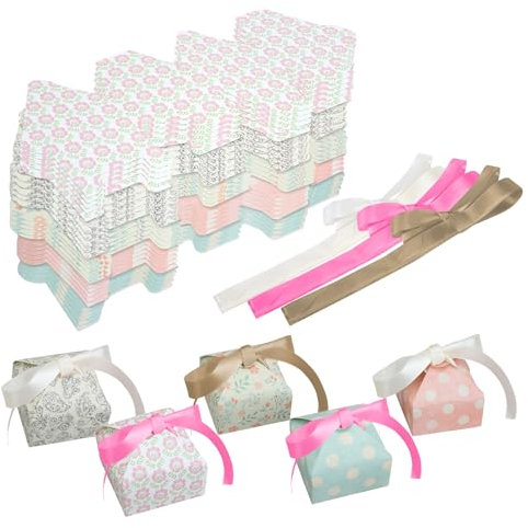 JINGIHE 20 Stück Kleine Geschenkbox, 7,5 x 7,5 x 3,5 cm Hochzeit Geschenkkarton Süßigkeiten mit 3 Colors Band, Gift Box Geschenkschachtel für Party Geburtstag Dekorationen Gebäck DIY Geschenk Taufe
