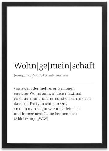 ARTFAVES® Poster Definition Wohngemeinschaft | Worterklärung Duden Lexikon Wanddeko Wandbild Spruch als Geschenk | mit Rahmen Holz Schwarz | 30 x 40 cm