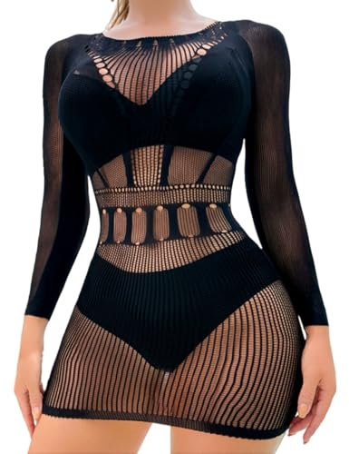 SamHeng Womens Fishnet Mini Dress Long Sleeve Sexy Hollow Out Babydoll Chemise Mesh Fishnet Bodysuit Top See Through Beach Cover up Nightwear Clubwear(Style-3)