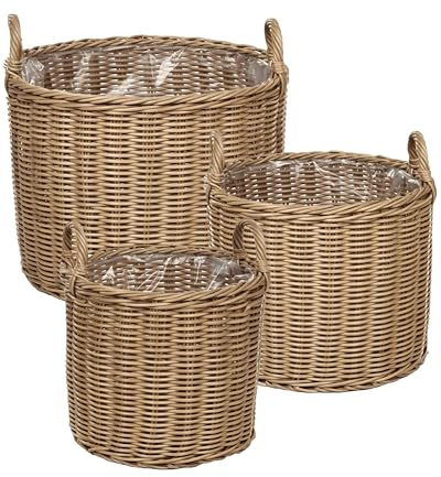 Blumenkorb Rattan natürlich 3er Set rund geflochten mit Folie Griffen Pendula
