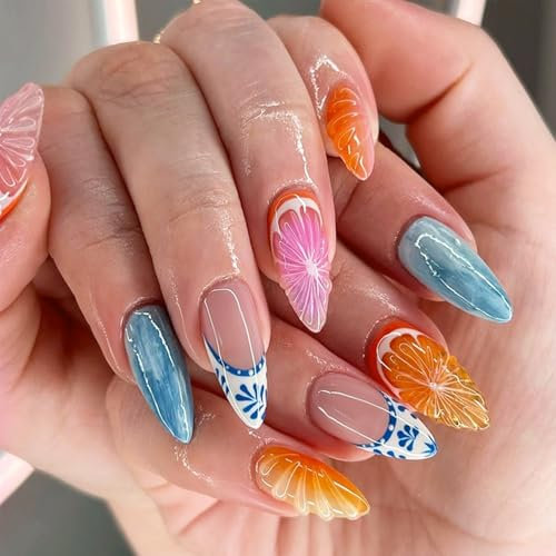 24pcs Short Oval False Nails Stick on Nails Press on Nails Removable Glue-on Nails Full Cover Fake Nails Women Girls Nail Art Accessories 3D Fruit