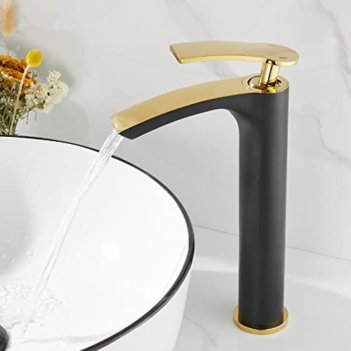 Grifo de baño moderno de latón montado en cubierta dorado y negro para agua fría y caliente