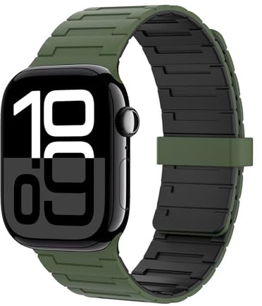 Astorgos Correa Magnética Compatible con Apple Watch Ultra 2/Ultra 49mm,S10 46mm,9/8/7 45mm,SE2/SE/6/5/4 44mm,3/2/1 42mm,Correa de Silicona Ajustable,Pulsera Deportiva, Verde Ejército/Negro