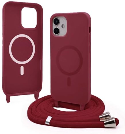 Bigcousin Handykette für iPhone 12 Hülle mit Band,Magnetisch kompatibel mit Magsafe,Silikon Necklace Handyhülle mit verstellbar und abnehmbar,Rot