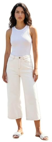 Roman Originials Denim Culottes for Women UK Ladies Cotton Cropped Trouser Wide Leg Jean Stretch Pants Capri 3/4 Length Three Quarter Summer Loose Casual Spring - Ivory - Size 8