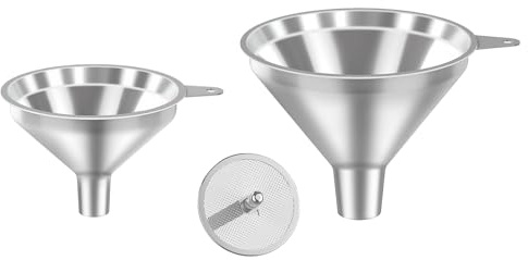Serinar 3-Piece Stainless Steel Kitchen Funnel Set for Kitchen Bottle Filling, 2 Funnel Sizes and 1 Strainer for Oils, Liquids, Fluids, Dry Ingredients and Powders, Durable, Washable