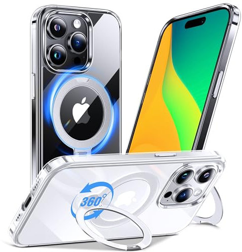 Anqrp 360° All-in-One-Ständerhülle Crystal Clear für iPhone 15 Pro Max Hülle (Magnetischer Robust Ständer), [MagSafe Kompatibel] [Nie Vergilbung] Handyhülle für iPhone 15 Pro Max Case, Transparent