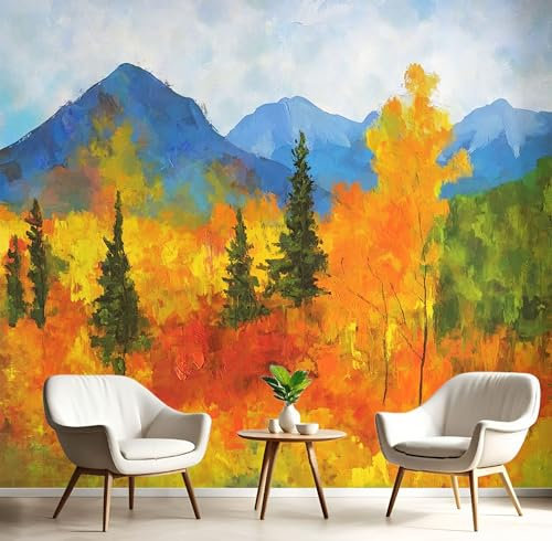 3D Papier Peint Panoramique Paysage D'Automne Jaune 400×280cm Non-Tissées Mural, Peinture À L'Huile Forêt XXL Grandes Murales Poster pour Salon, Adulte Chambre d'enfants, Étude Décoration