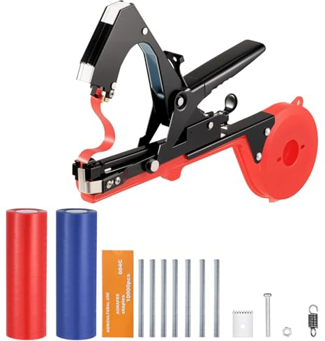 eROOSY Pflanzenbindemaschine, Pflanzen Bindemaschine, Bindezange Tapetool, Bindezange für Pflanzen mit 20 Rollen Klebeband und 1 Box Heftklammern (Rot)