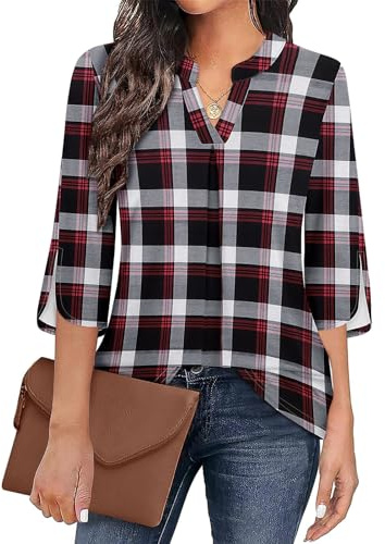 Flikity 3/4 Sleeve Tops for Women Dressy Shirts Ladies Tops and Blouses V Neck Plaid Tunic for Women with Leggings Loose Fit Plus Size Business Casual Outfits Plaid Red XX-Large