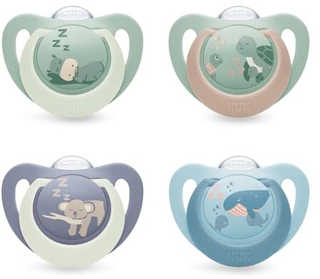 NUK First Choice Day & Night Baby Schnuller | 6-18 Monate | Orthodontische Schnuller, die im Dunkeln leuchten | Beruhigt 99% aller Babys** | Sortiert | 4 Stück