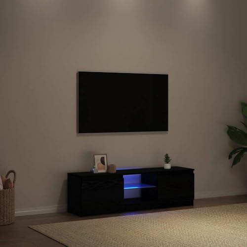 WRJENFSC Meuble TV bas - Aspect chêne - Noir - 120 cm - Avec éclairage LED RVB - Buffet TV avec 2 portes pour salon