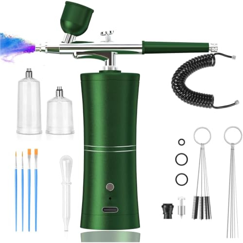Airbrush Set mit Kompressor, Tragbare wiederaufladbare Airbrushpistole, mit Kompressor 900 mAh Airbrush Set für Makeup, Kuchendekoration, Nageldesign, Tattoo, Modellbemalung（Grün）
